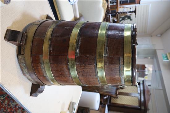 An early 19th century brass bound staved oak salt beef barrel, Overall Diam. 2ft 1in. H.2ft 5in.